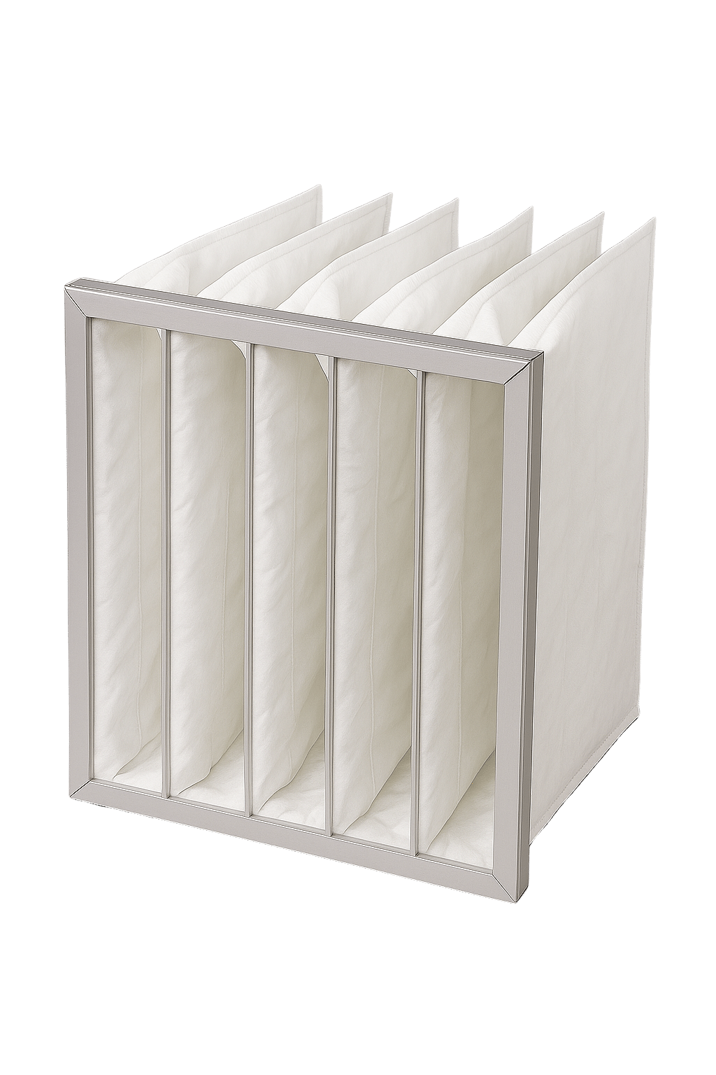 Taschenfilter mit mehreren rechteckigen Filtertaschen in einem stabilen Metallrahmen